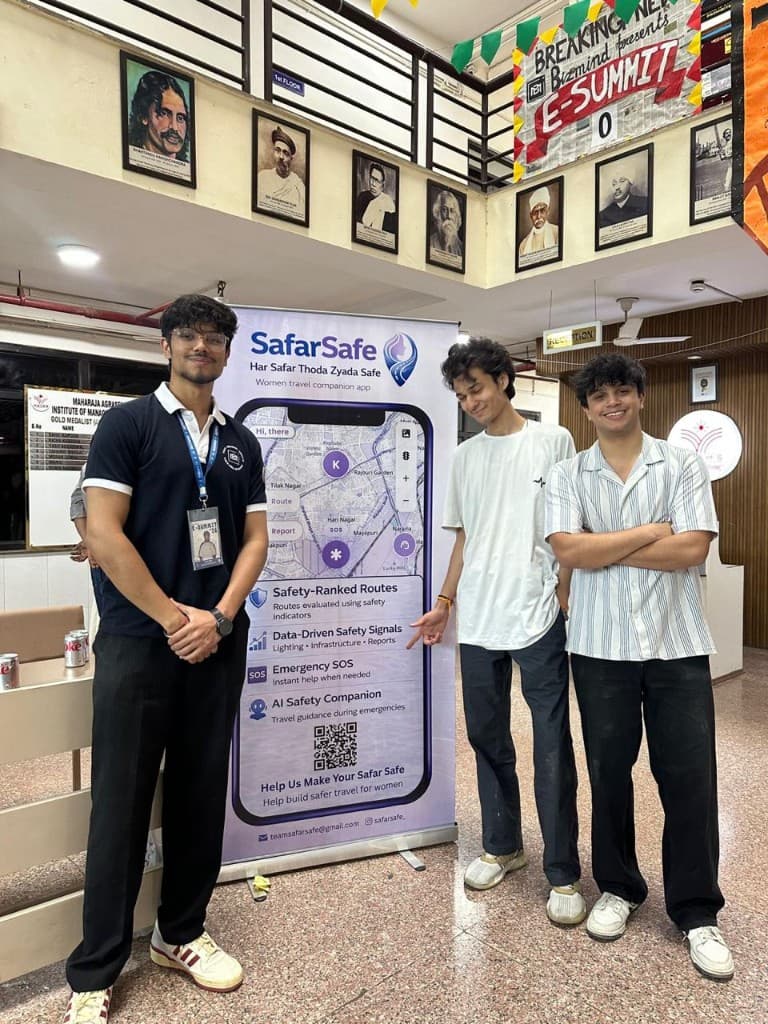 SafarSafe team at Startup Arena with banner