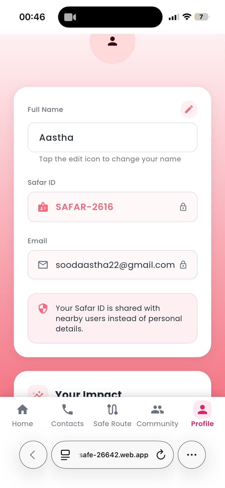 SafarSafe profile screen